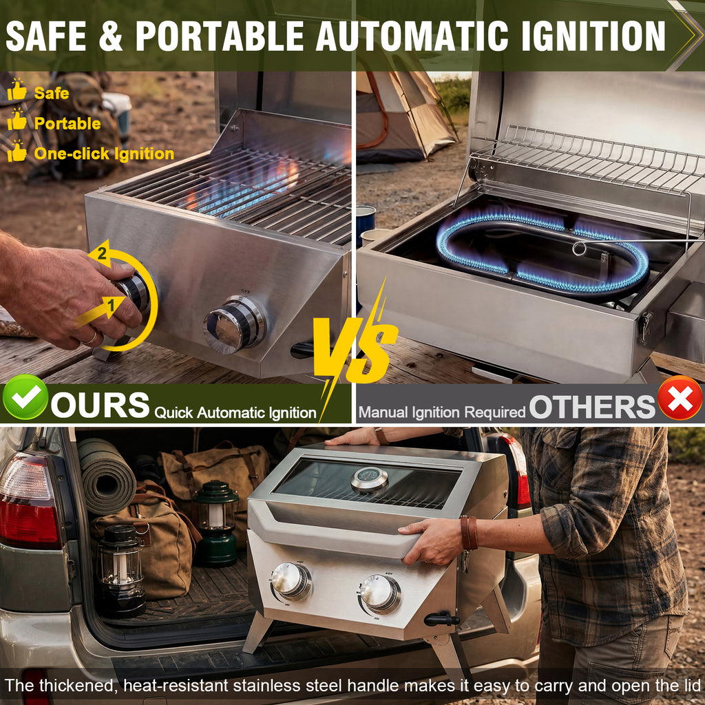 BESTFIRE Tabletop Gas Grill with 2 Burners & Viewing Glass Lid, 20,000 BTU Stainless Steel Portable BBQ Grill with Thermometer, Push-Button Ignition for Outdoor Patio, Camping, RV, Tailgating