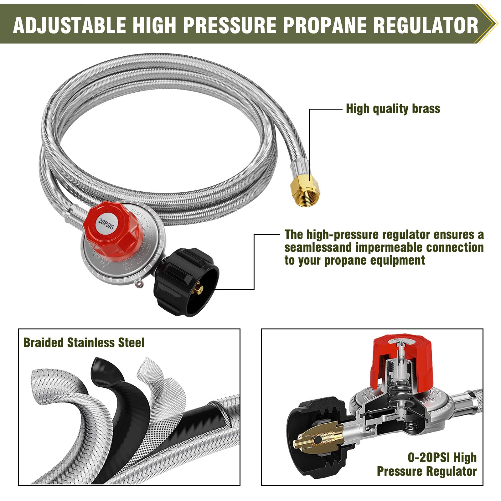 High Pressure Cast-Iron Propane Burner Head,Taper Burner Head with 20 PSIG Adjustable High Pressure Propane Regulator with Hose and Brass Fitting for Propane Burner Head for Cooking Outdoor
