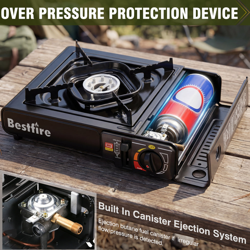 BESTFIRE Portable Dual Fuel Camping Stove - 10,000 BTU Butane and Propane Stove with Adapter & Case - Single Burner Gas Stove for Outdoor Cooking, Tailgating & Emergency