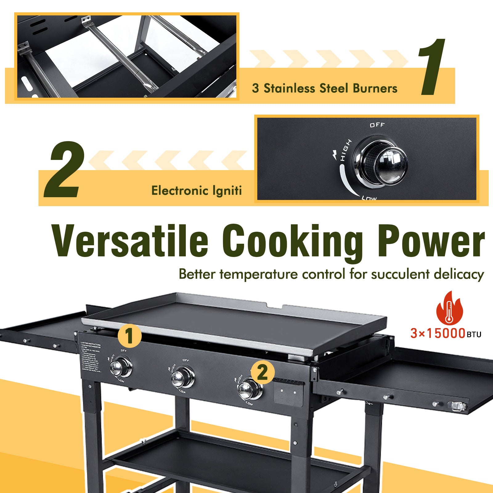 Foldable Flat Top Grill, Outdoor Griddle-3 Burner Propane Griddle with Two Foldable Shelves,36" Flat Grills Outdoor-45,000 BTU Gas Grill for BBQ& Outdoor Cooking,Black