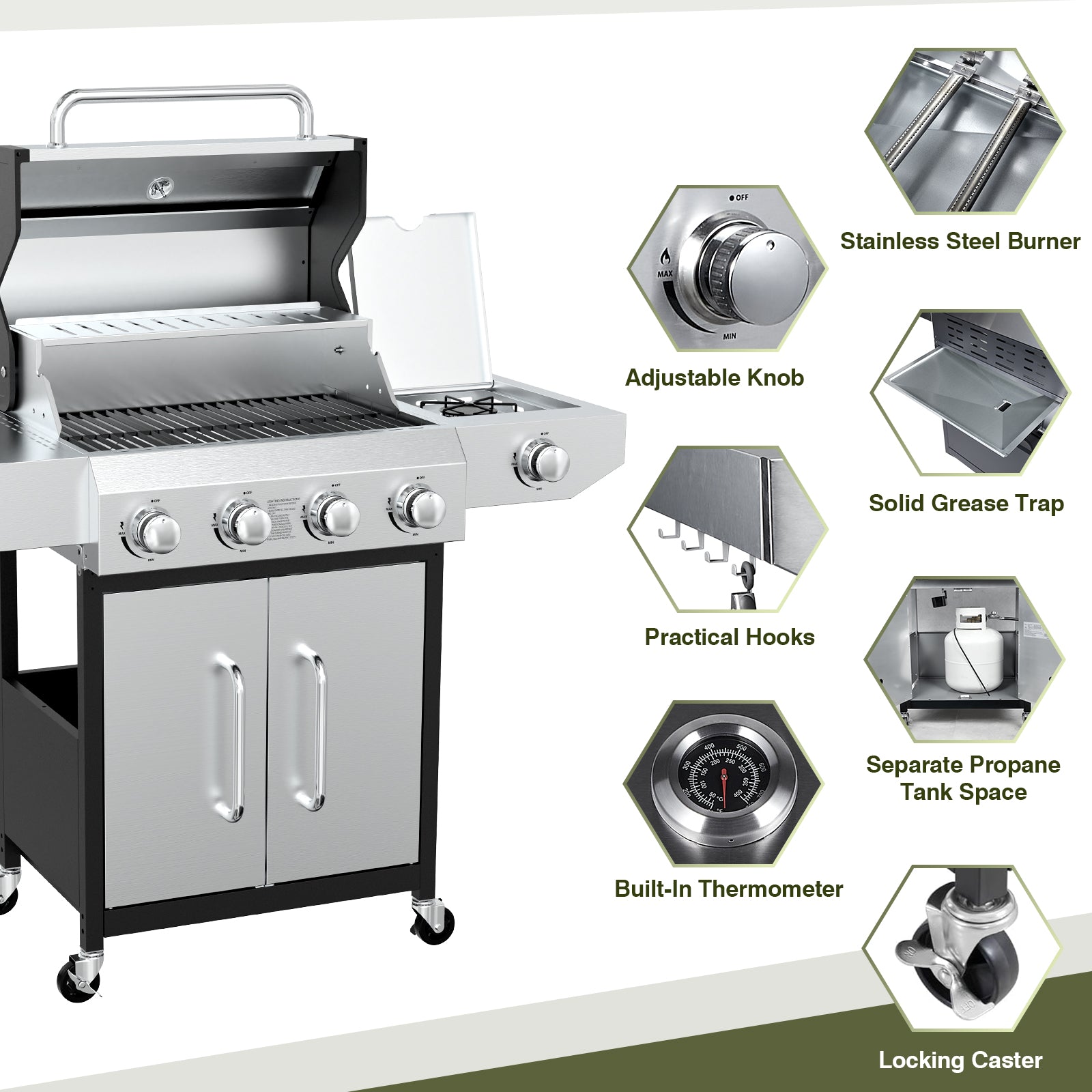 BESTFIRE 60,000 BTU 4+1 Burner Propane Gas Grill - 647 sq. inches Stainless Steel Outdoor BBQ with Porcelain-Enameled Cast Iron Grates, Side Burner & Storage Cabinet for Patio and Backyard Cooking