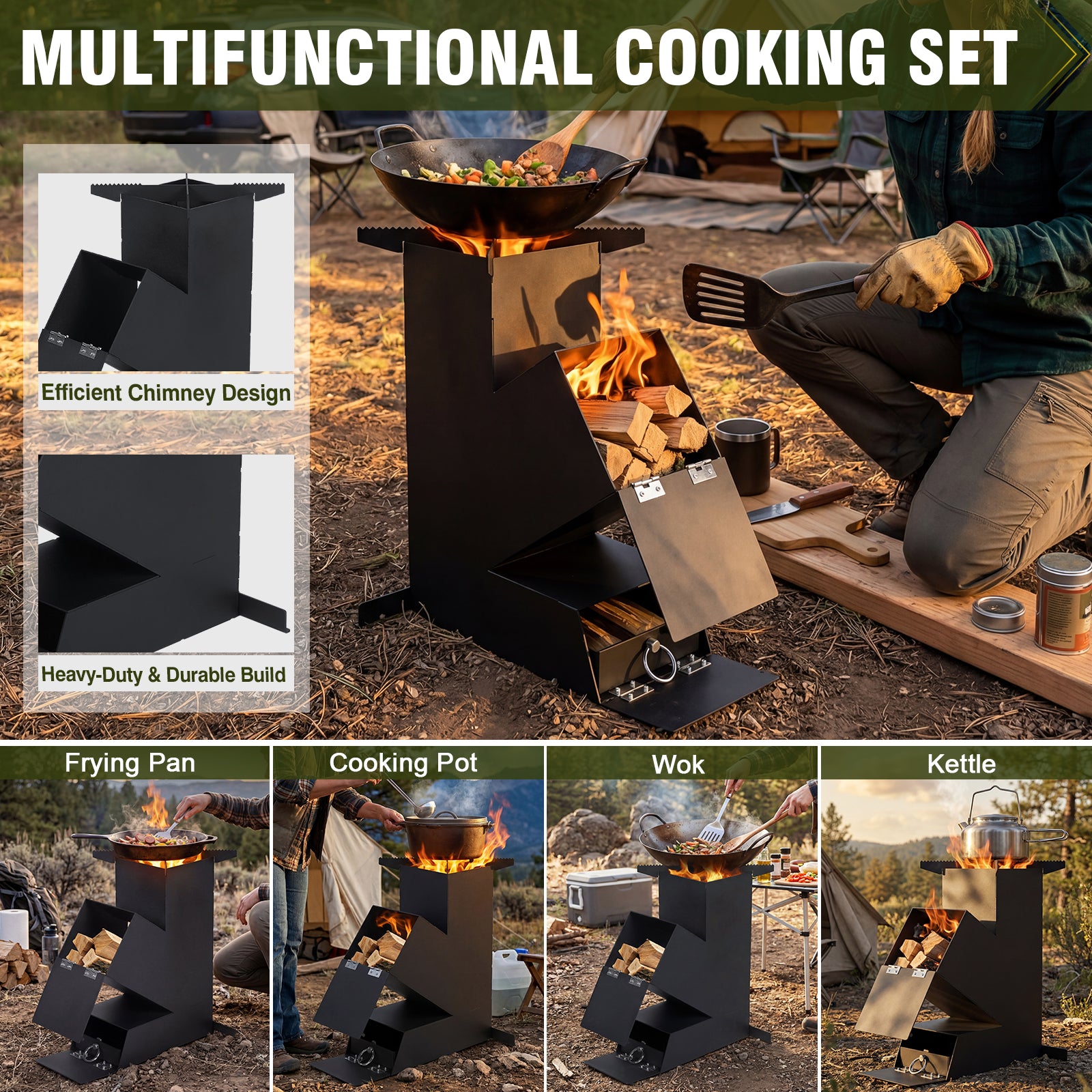 Rocket Stove with Glass Window, Portable Wood Burning Stove for Outdoor Cooking, Heavy Duty Camping Grill, Backyard Cooking Wood Fire Stove for Emergency Survival and Preparedness