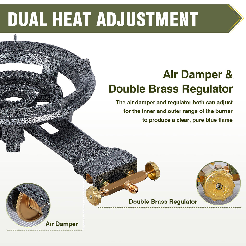 13" Single Propane Burner Stove 90,000 BTU Cast Iron Portable Outdoor Burner with 0-20 PSI Adjustable Regulator and Stainless Steel Hose Perfect for Outdoor Wok Cooking