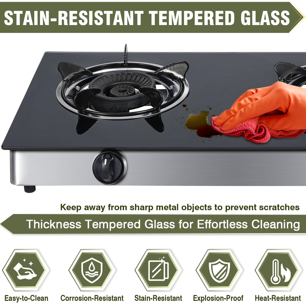 BESTFIRE 2-Burner Propane Gas Cooktop, 30,000 BTU Portable Tempered Glass Stove with Auto-Ignition, CSA Certified Regulator & Hose, Double Burner Stove for Camping, RV & Patio