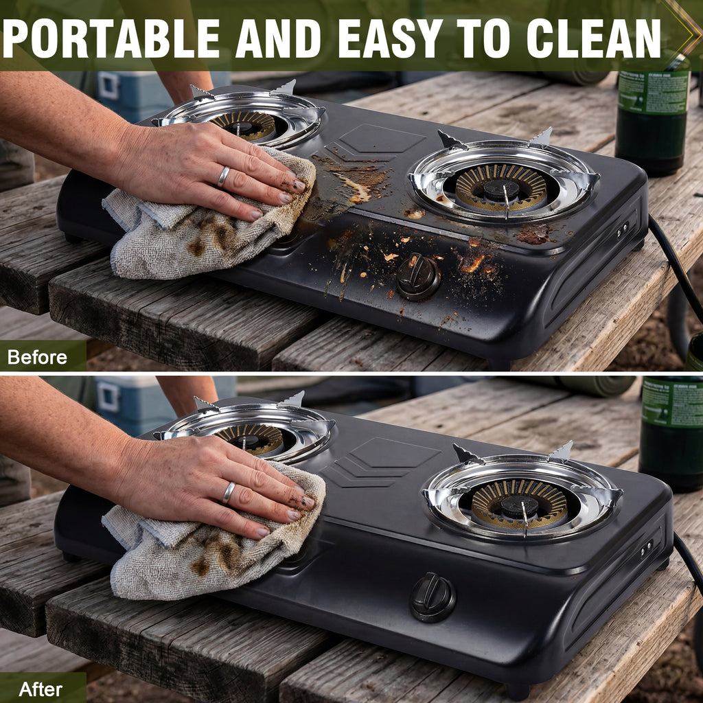 BESTFIRE Portable Outdoor Propane Stove - 9000/12000 BTU Dual Burners with Auto Ignition, Rust-Resistant Steel, Regulator & Hose, Perfect for Camping, RV, Tailgating, BBQ, Compact 28.74"×14.76"×5.51"