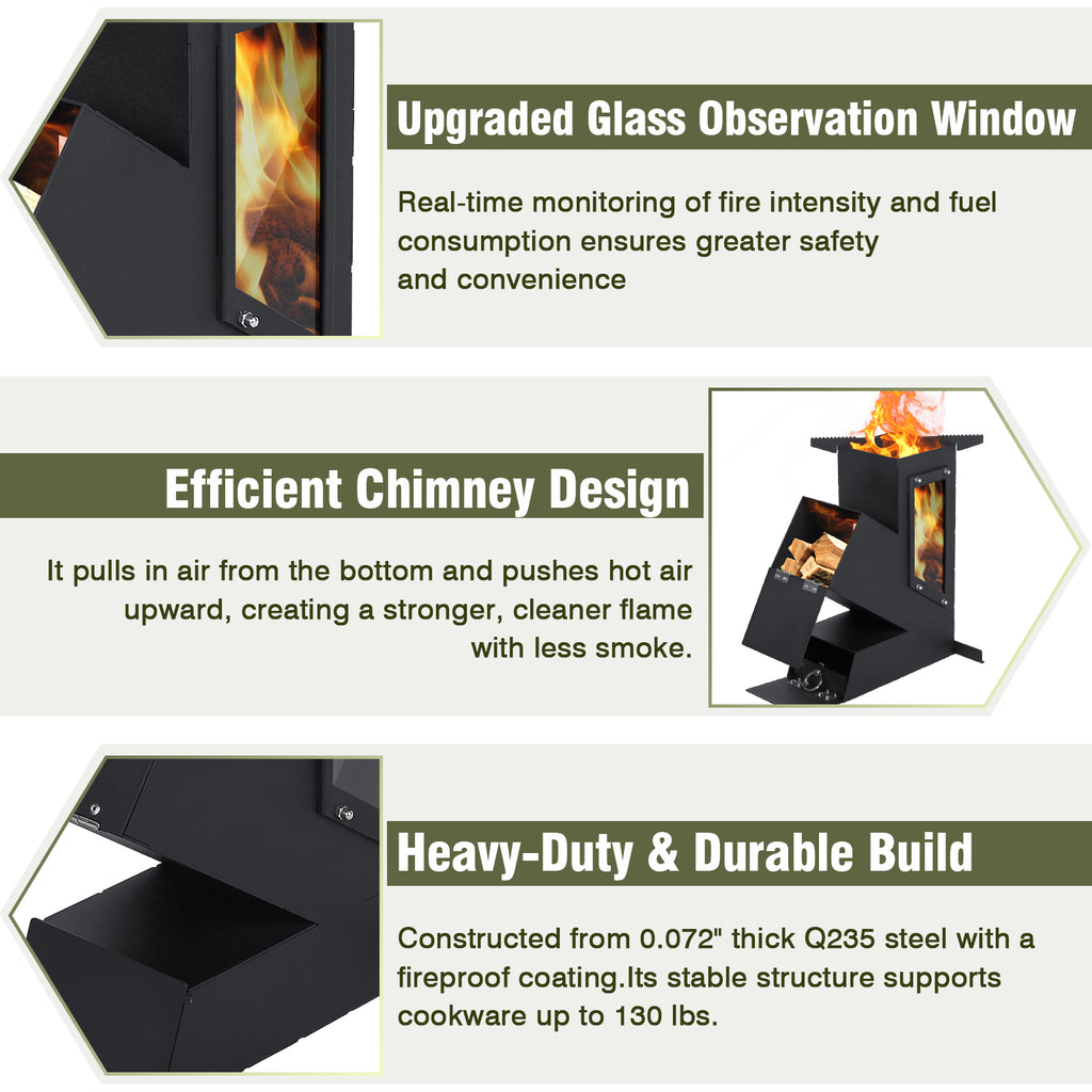 Rocket Stove with Glass Window, Portable Wood Burning Stove for Outdoor Cooking, Heavy Duty Camping Grill, Backyard Cooking Wood Fire Stove for Emergency Survival and Preparedness