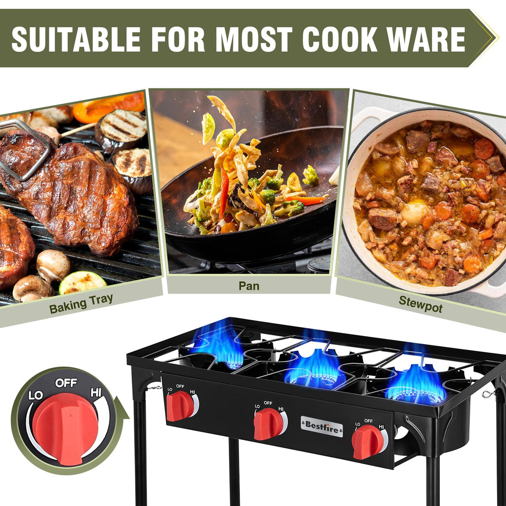 3 Burners Gamping Stove for Cooking Outdoor, 225,000 BTU Propane Burners with Auto Ignition Button&Removable Legs, Temperature Control Knobs and 20 PSIG High Pressure Regulator for BBQ