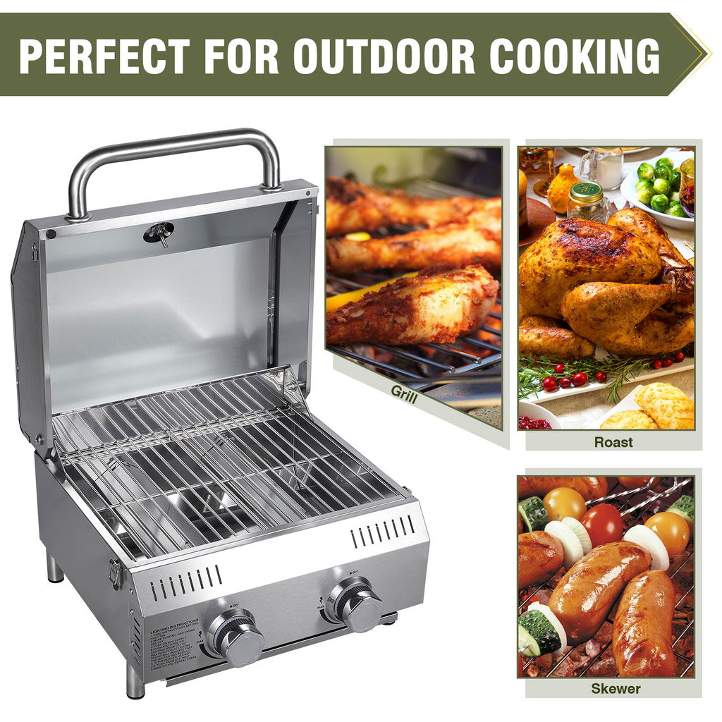 Tabletop Gas Grill 2 Burners, 20,000 BTUs Stainless Steel Portable Propane Grill with Legs for Outdoor Patio Backyard Camping, Tailgating, and RV Trips