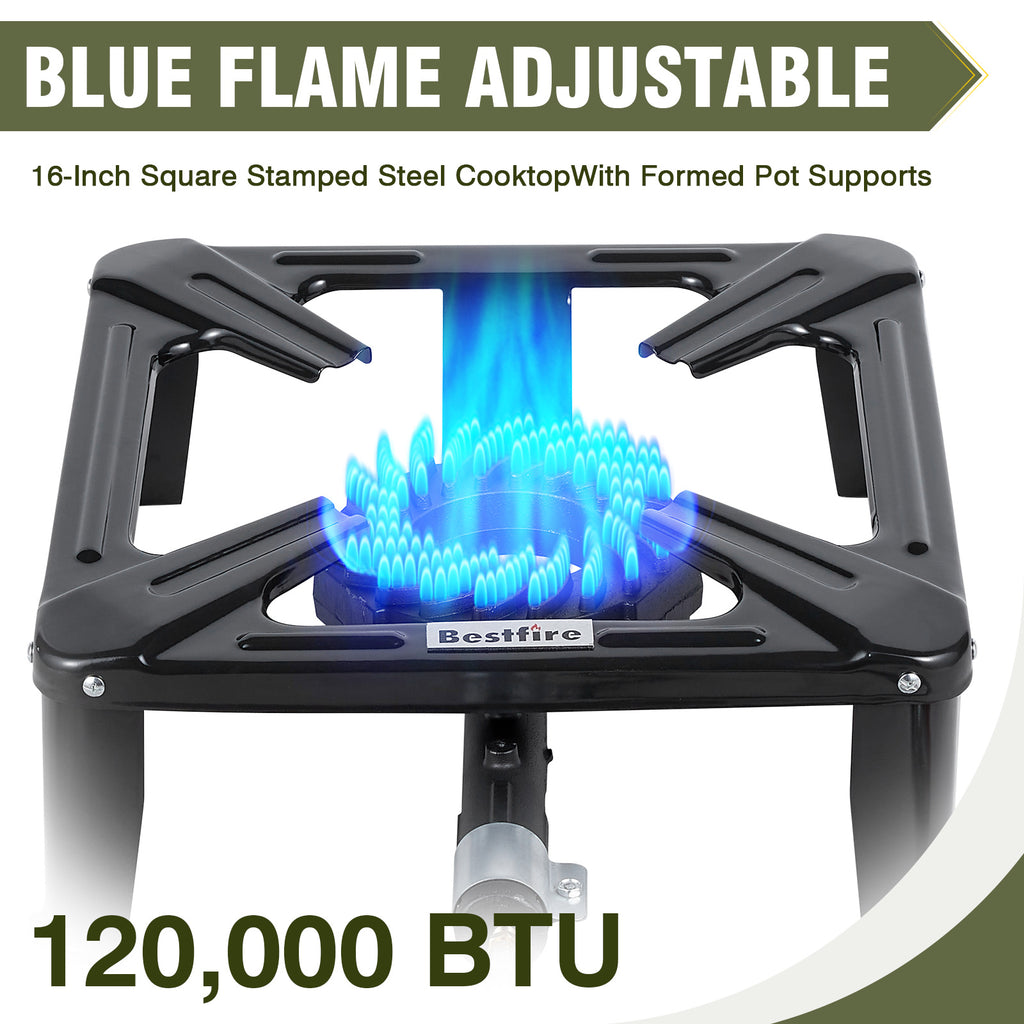 High Pressure Propane Burner, 120000 BTU Single Propane Stove with 4.1ft 0-20Psi Adjustable Hose with Regulator, 16" Square Steel Cooktop for Camping