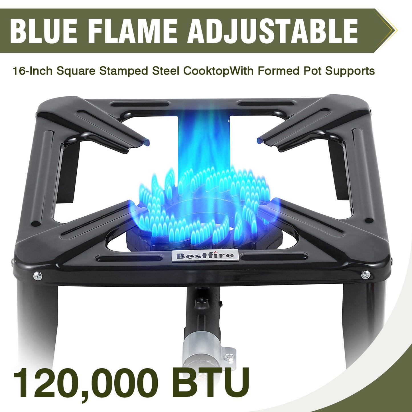 高压丙烷燃烧器，120000 BTU 单丙烷炉，带 4.1 英尺 0-20Psi 可调节软管和调节器，16 英寸方形钢制炉灶，适合露营