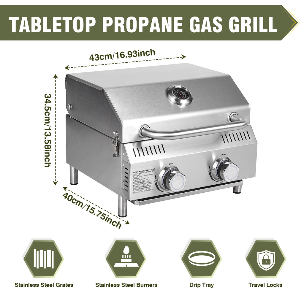 Tabletop Gas Grill 2 Burners, 20,000 BTUs Stainless Steel Portable Propane Grill with Legs for Outdoor Patio Backyard Camping, Tailgating, and RV Trips