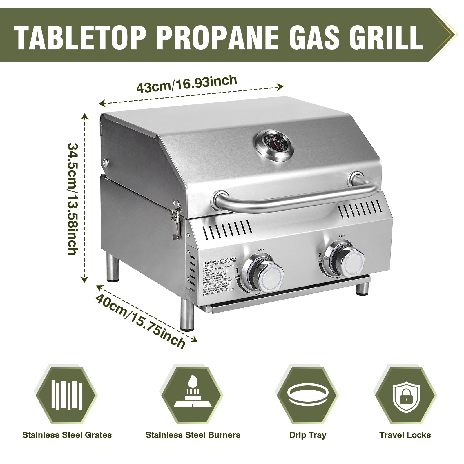 Tabletop Gas Grill 2 Burners, 20,000 BTUs Stainless Steel Portable Propane Grill with Legs for Outdoor Patio Backyard Camping, Tailgating, and RV Trips