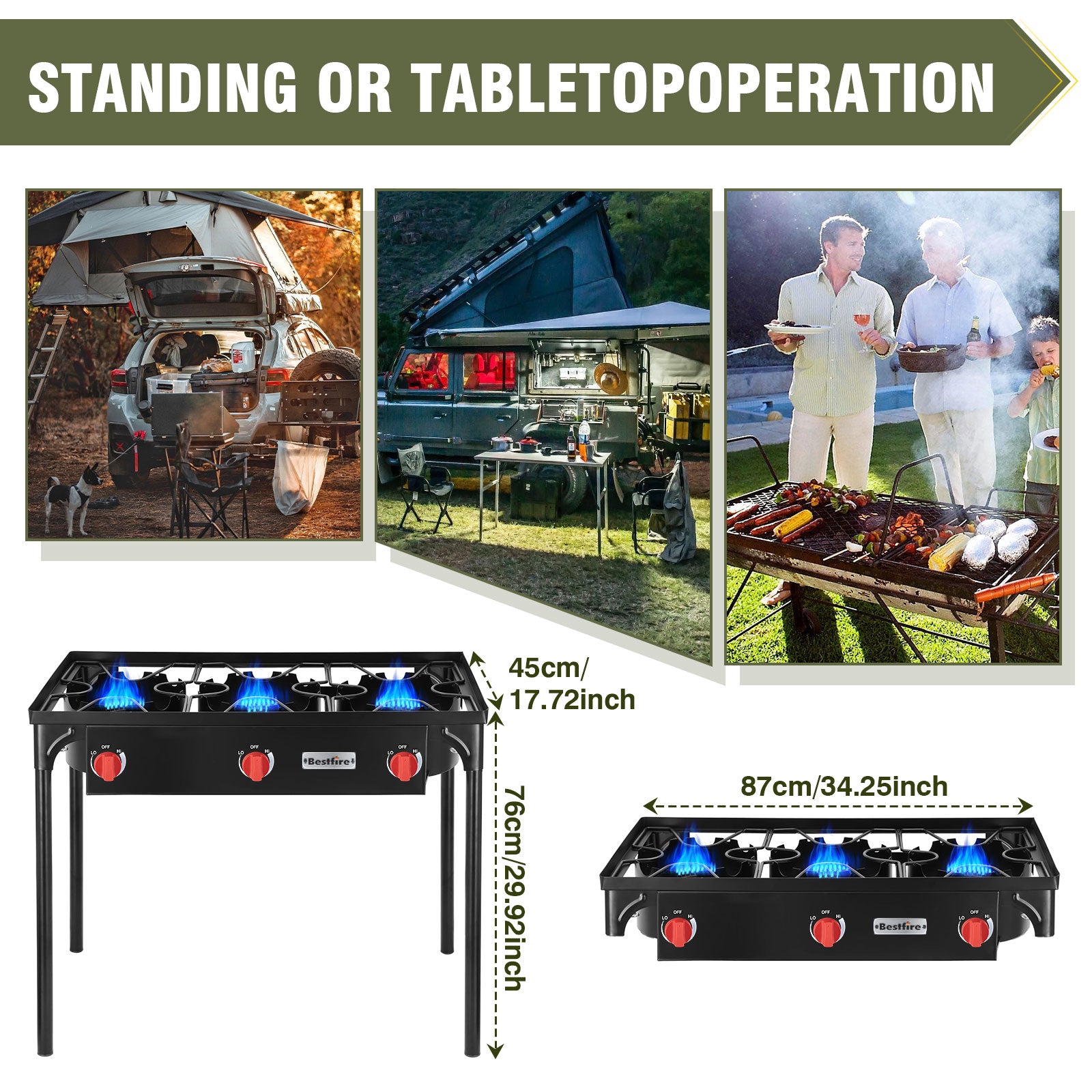 3 Burners Gamping Stove for Cooking Outdoor, 225,000 BTU Propane Burners with Auto Ignition Button&Removable Legs, Temperature Control Knobs and 20 PSIG High Pressure Regulator for BBQ