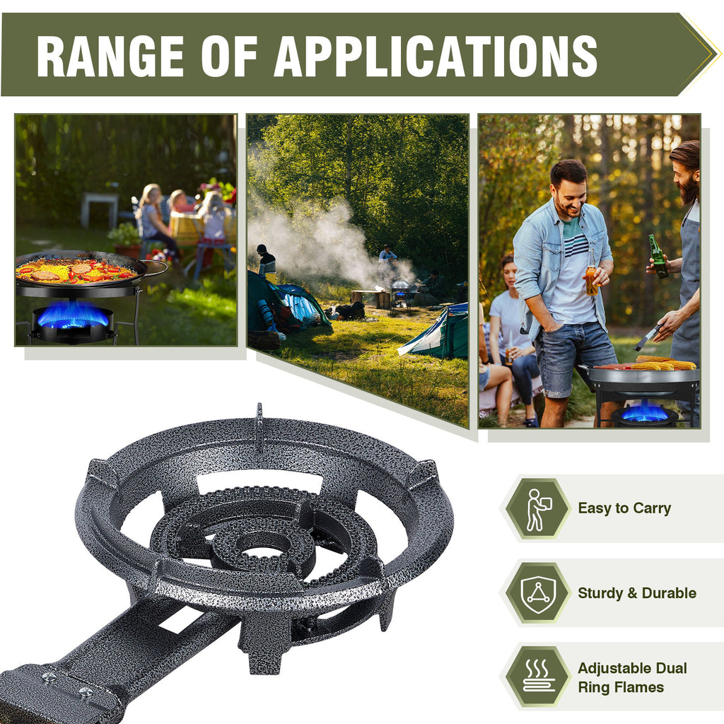 13" Single Propane Burner Stove 90,000 BTU Cast Iron Portable Outdoor Burner with 0-20 PSI Adjustable Regulator and Stainless Steel Hose Perfect for Outdoor Wok Cooking