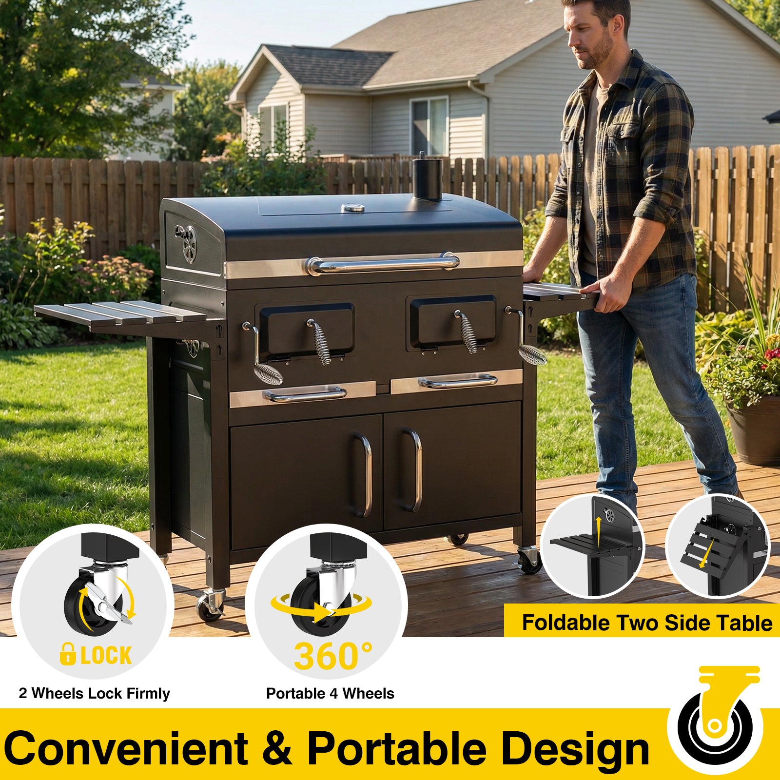 Bestfire 63" Oversized Charcoal BBQ Grill & Smoker, Large Outdoor Grill with 2 Individual Lifting Charcoal Trays, Cabinet-Style Charcoal Grills with Foldable Side Tables, 4 Wheels, Asadores de Carbon