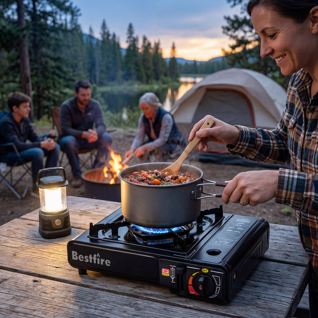 BESTFIRE Portable Dual Fuel Camping Stove - 10,000 BTU Butane and Propane Stove with Adapter & Case - Single Burner Gas Stove for Outdoor Cooking, Tailgating & Emergency