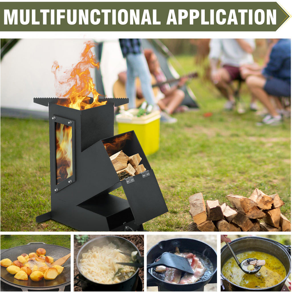 Rocket Stove with Glass Window, Portable Wood Burning Stove for Outdoor Cooking, Heavy Duty Camping Grill, Backyard Cooking Wood Fire Stove for Emergency Survival and Preparedness