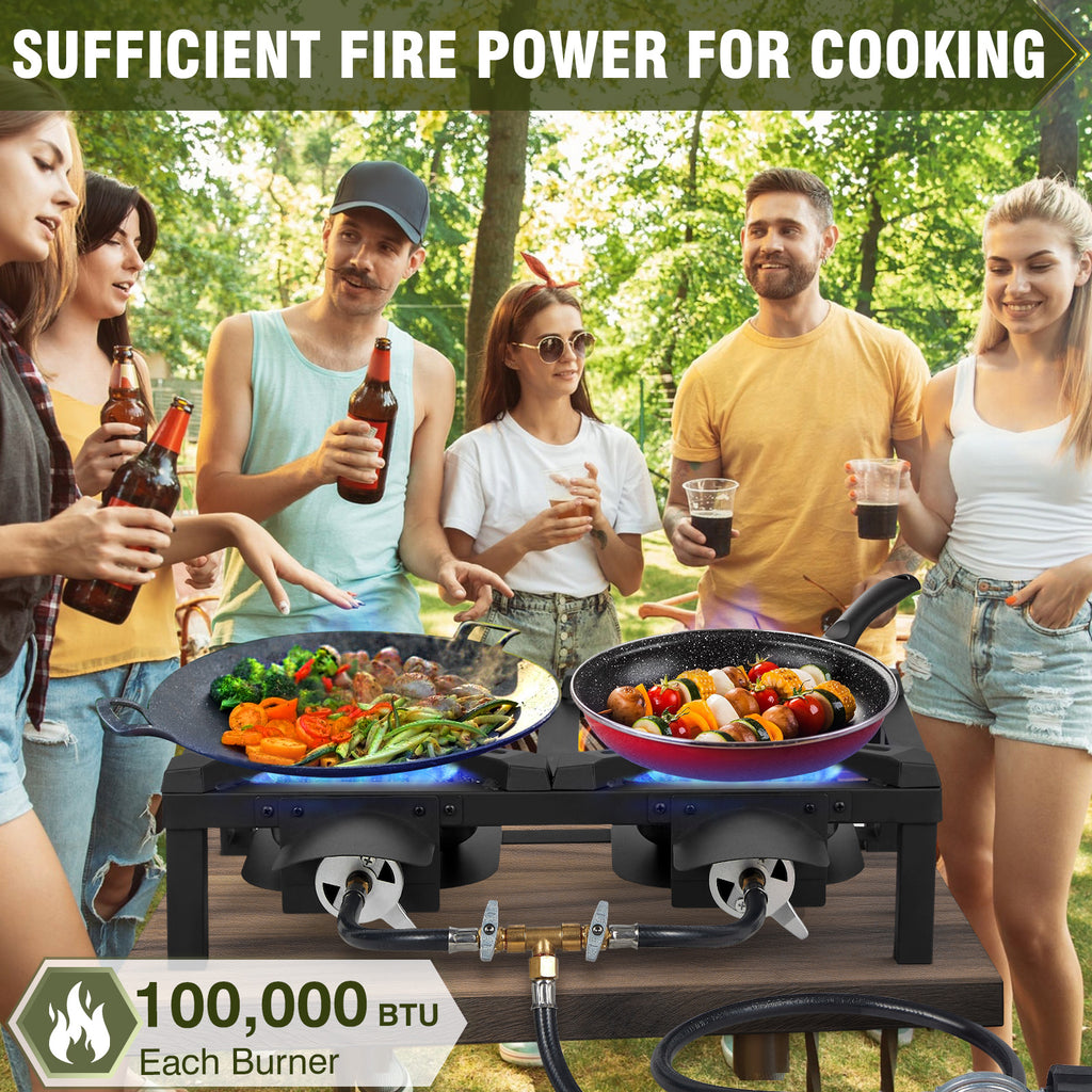 BESTFIRE Double Burner Propane Camping Stove with Independent Control Valves & 5PSI Hose - Heavy Duty Portable Outdoor Cooker for BBQ, Tailgating, and Camping