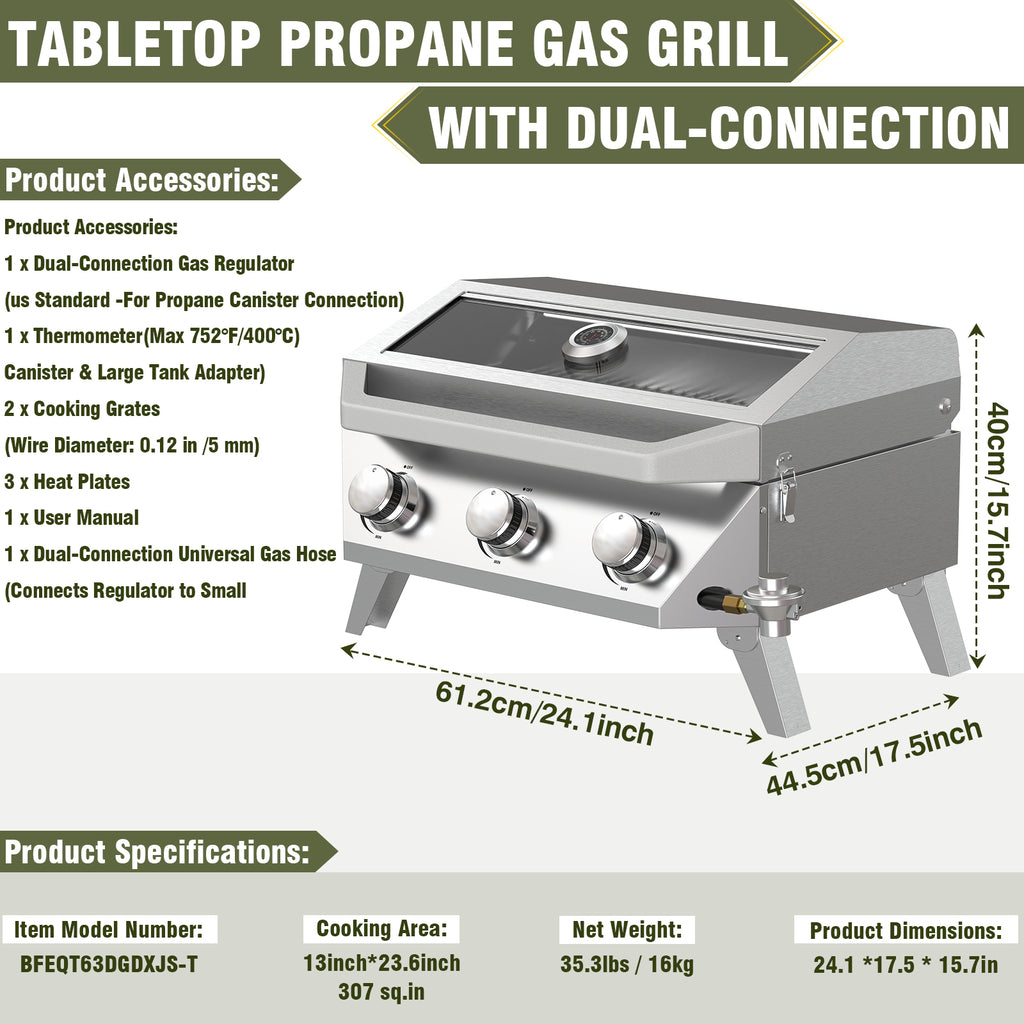BESTFIRE Portable Propane Grill, 3-Burner Tabletop Gas Grill with 2-in-1 Connection for 1lb/20lb Tanks, 30,000 BTU Stainless Steel BBQ with Observation Window & Thermometer for Outdoor, Tailgating