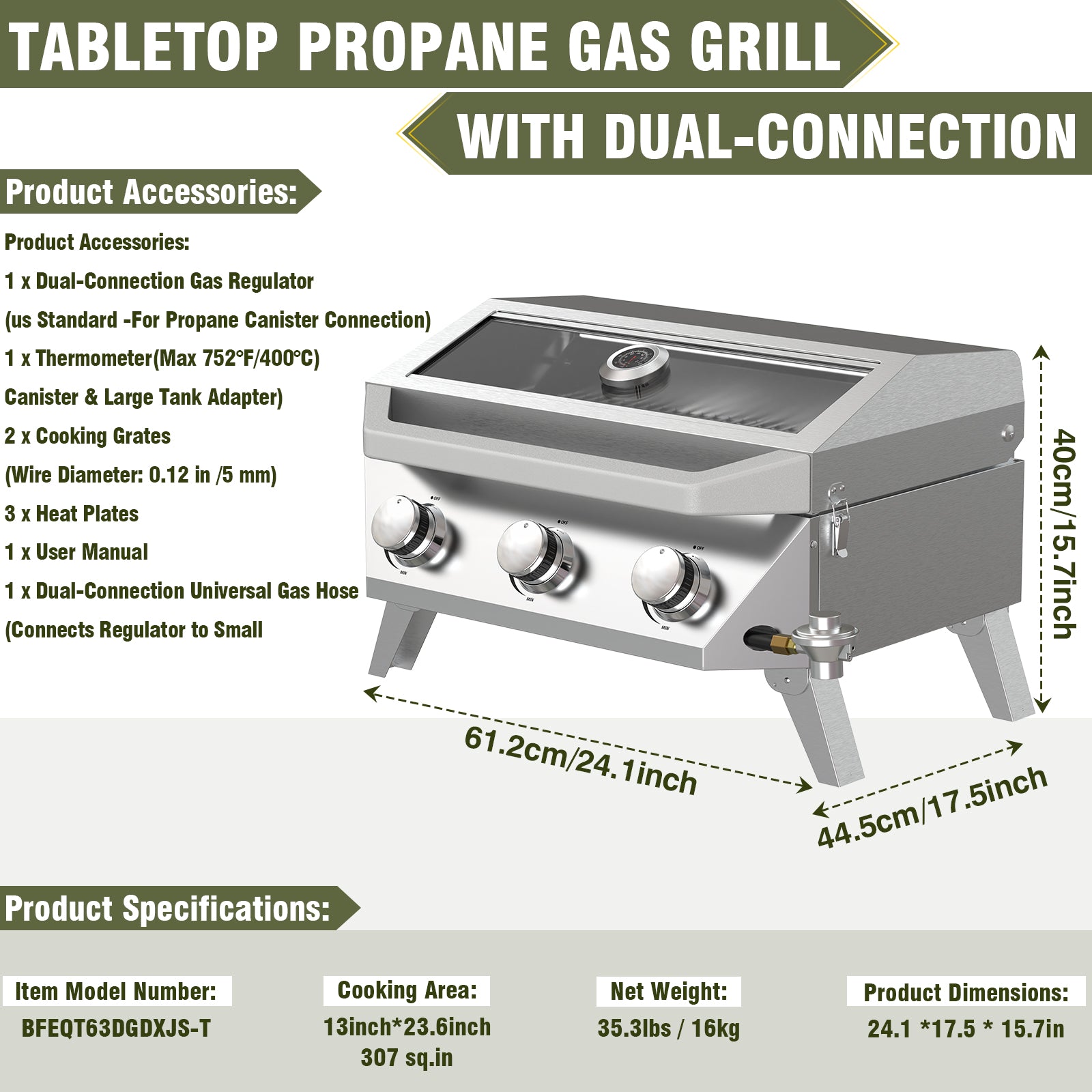 BESTFIRE Portable Propane Grill, 3-Burner Tabletop Gas Grill with 2-in-1 Connection for 1lb/20lb Tanks, 30,000 BTU Stainless Steel BBQ with Observation Window & Thermometer for Outdoor, Tailgating