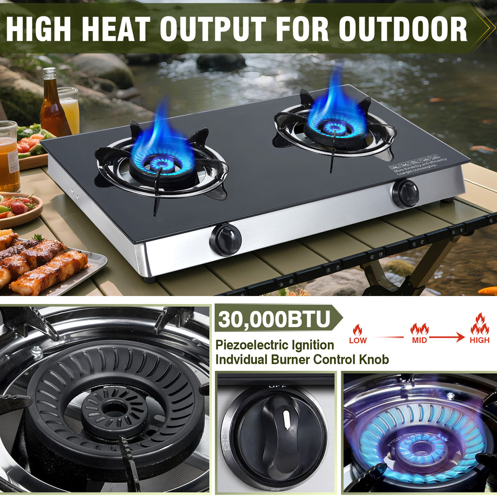 BESTFIRE 2-Burner Propane Gas Cooktop, 30,000 BTU Portable Tempered Glass Stove with Auto-Ignition, CSA Certified Regulator & Hose, Double Burner Stove for Camping, RV & Patio