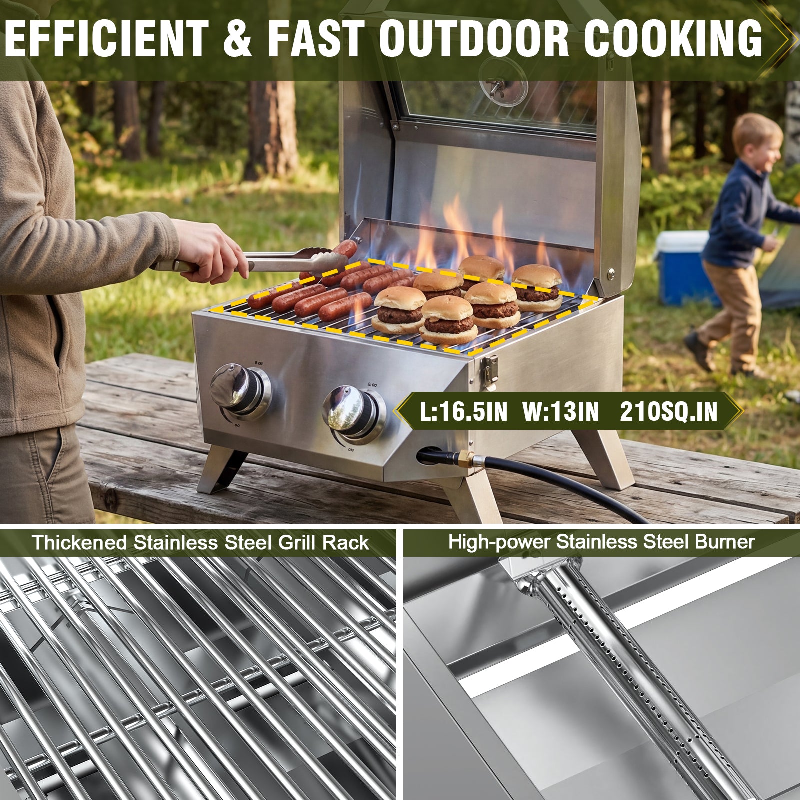 BESTFIRE Tabletop Gas Grill with 2 Burners & Viewing Glass Lid, 20,000 BTU Stainless Steel Portable BBQ Grill with Thermometer, Push-Button Ignition for Outdoor Patio, Camping, RV, Tailgating