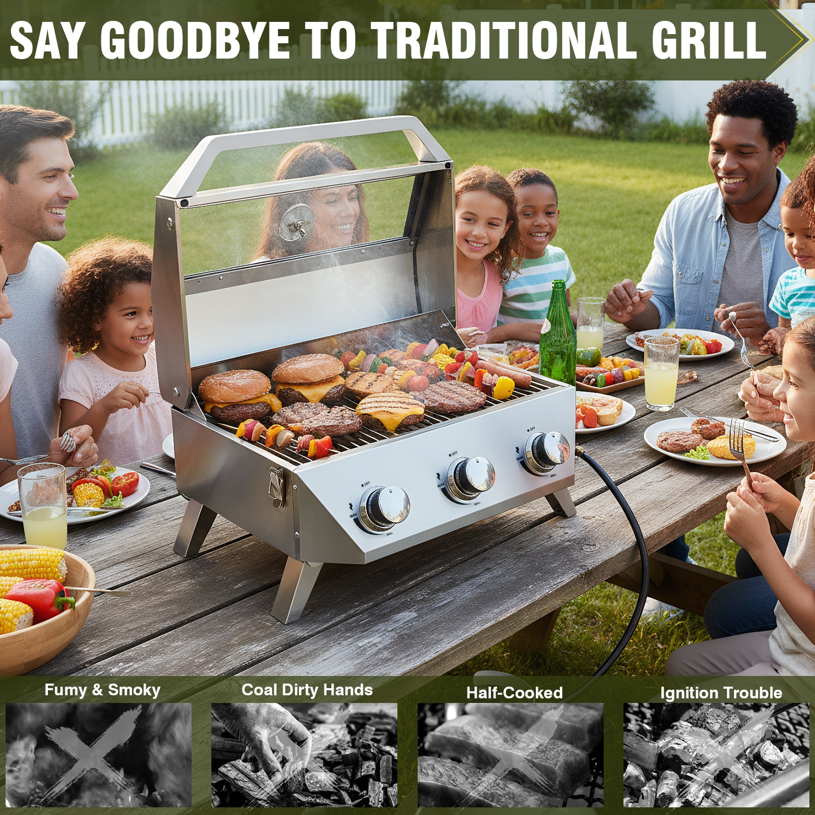 BESTFIRE 3-Burner Tabletop Gas Grill with Viewing Glass, 30,000 BTU Stainless Steel Portable Propane BBQ Grill with Thermometer, Professional Outdoor Cooking for Patio, Camping, RV and Tailgating