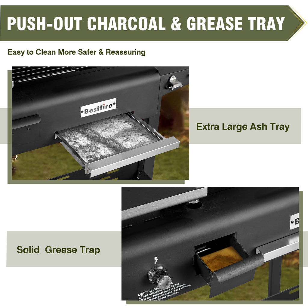 Dual Fuel Propane Gas Charcoal Grill Combo Black Dual Lids, Flat Top Grill With 2 Side Shelves for BBQ, Outdoor and Backyard Cooking