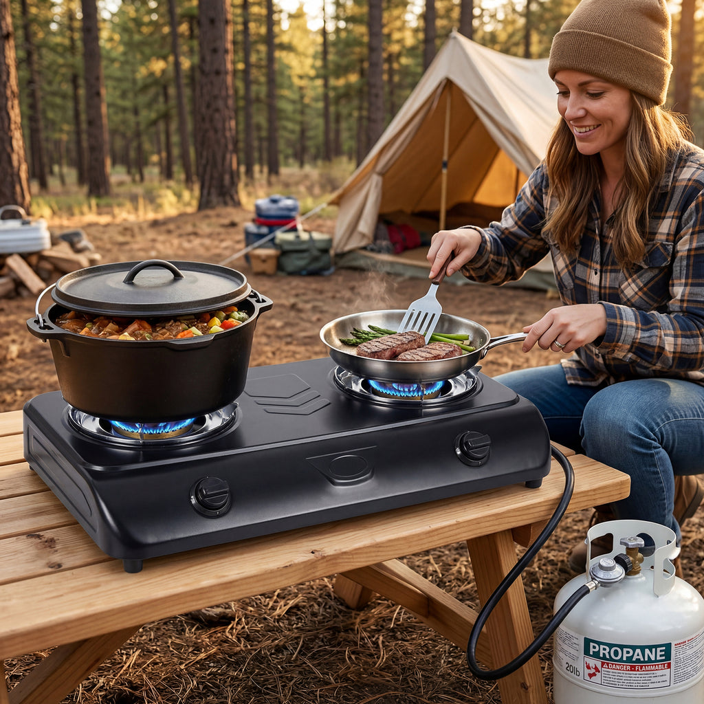 BESTFIRE Portable Outdoor Propane Stove - 9000/12000 BTU Dual Burners with Auto Ignition, Rust-Resistant Steel, Regulator & Hose, Perfect for Camping, RV, Tailgating, BBQ, Compact 28.74"×14.76"×5.51"