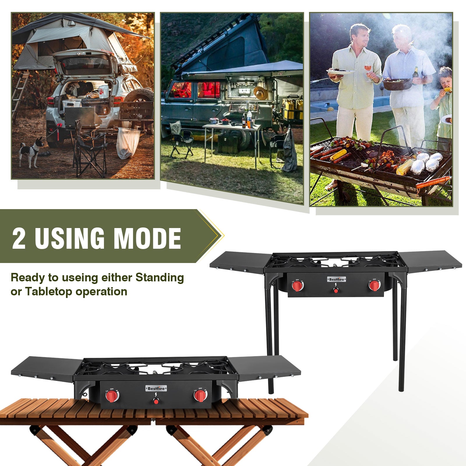 2 burner Camping Stove with Auto Ignition Button,Side Shelves & Regulator150,000 BTU Gas Stove Propane Burner With Removable Legs for Outdoor BBQ&Backyard Cooking Camping Home