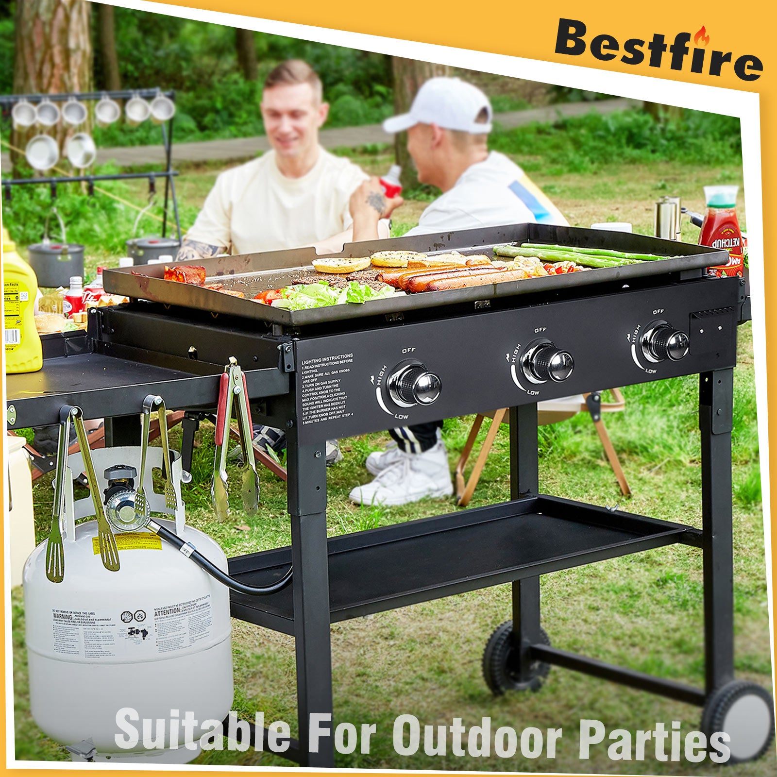 Foldable Flat Top Grill, Outdoor Griddle-3 Burner Propane Griddle with Two Foldable Shelves,36" Flat Grills Outdoor-45,000 BTU Gas Grill for BBQ& Outdoor Cooking,Black