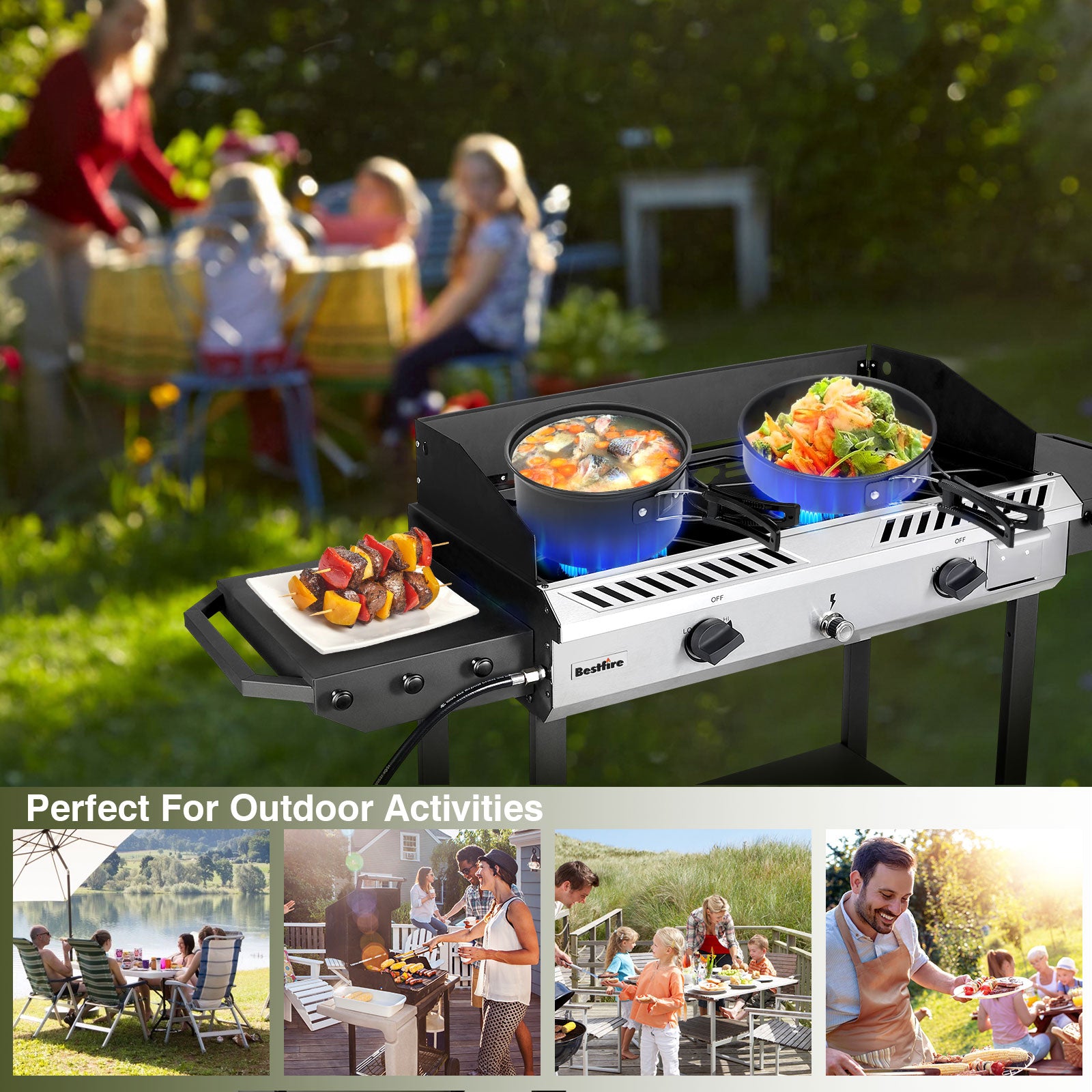 2 Burner Propane Stove Outdoor Camping Gas Stoves 150,000 BTU Auto Ignition with Regulator and Side Shelves Perfect for Patio Home Cooking and Frying
