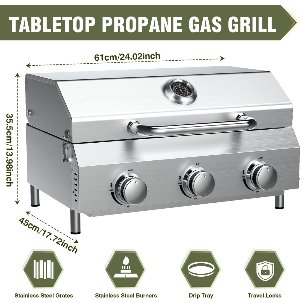 Bestfire 3-Burner Tabletop Gas Grill, 30,000 BTU Portable Propane Grill, Heavy-Duty Thickened Stainless Steel Grates, Stainless Steel Knobs, Compact & Detachable Legs for Camping, RV&BBQ