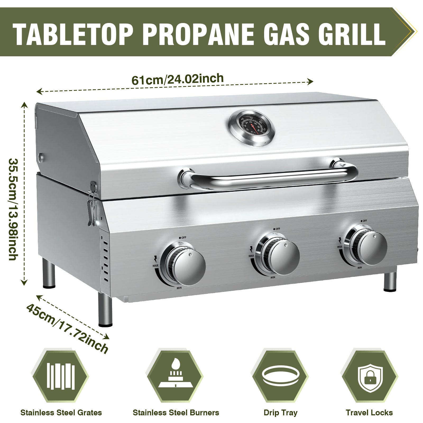 Bestfire 3-Burner Tabletop Gas Grill, 30,000 BTU Portable Propane Grill, Heavy-Duty Thickened Stainless Steel Grates, Stainless Steel Knobs, Compact & Detachable Legs for Camping, RV&BBQ