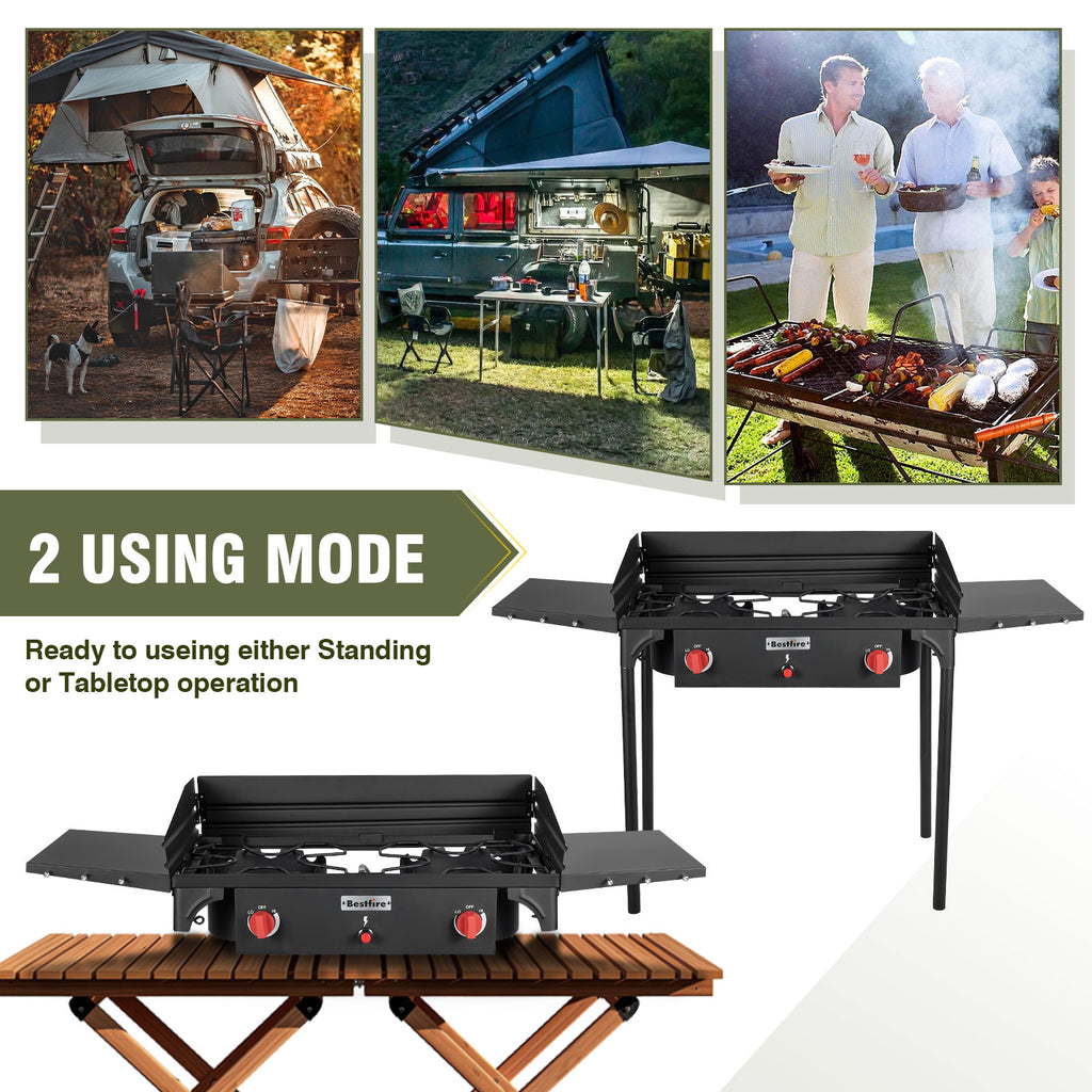2 Burner Gamping Stove with Windpanel& Side Shelves, Bag, Auto Ignition Button,Regulator,150,000 BTU Camping Stove Propane Burner With Removable Legs for Outdoor BBQ&Backyard