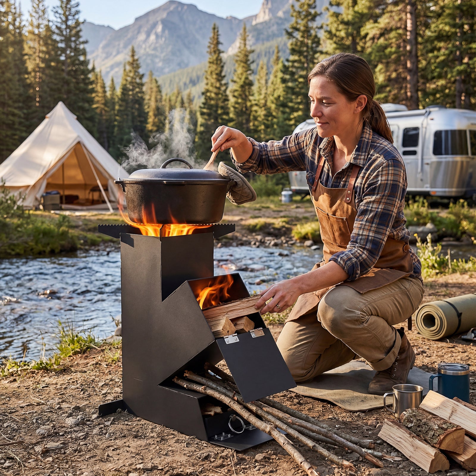 Rocket Stove with Glass Window, Portable Wood Burning Stove for Outdoor Cooking, Heavy Duty Camping Grill, Backyard Cooking Wood Fire Stove for Emergency Survival and Preparedness