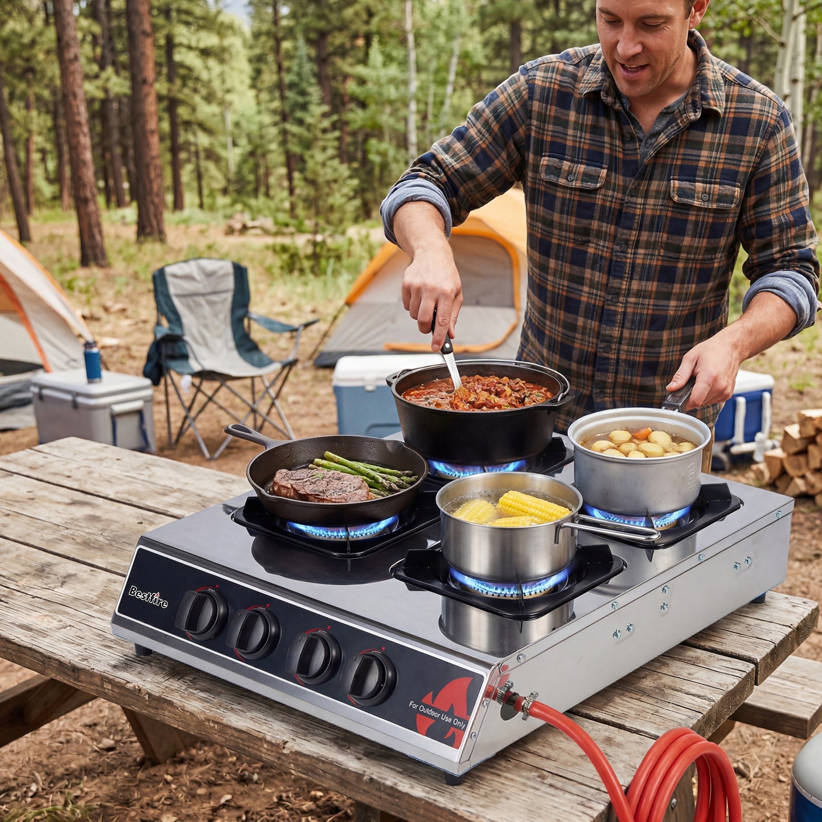 BESTFIRE 4 Burner Propane Gas Stove 40,000 BTU Stainless Steel Cooktop with Enamel Pan Support, Electronic Ignition, Regulator & Hose Included, Portable Gas Stove for Camping, Outdoor Cooking, BBQ