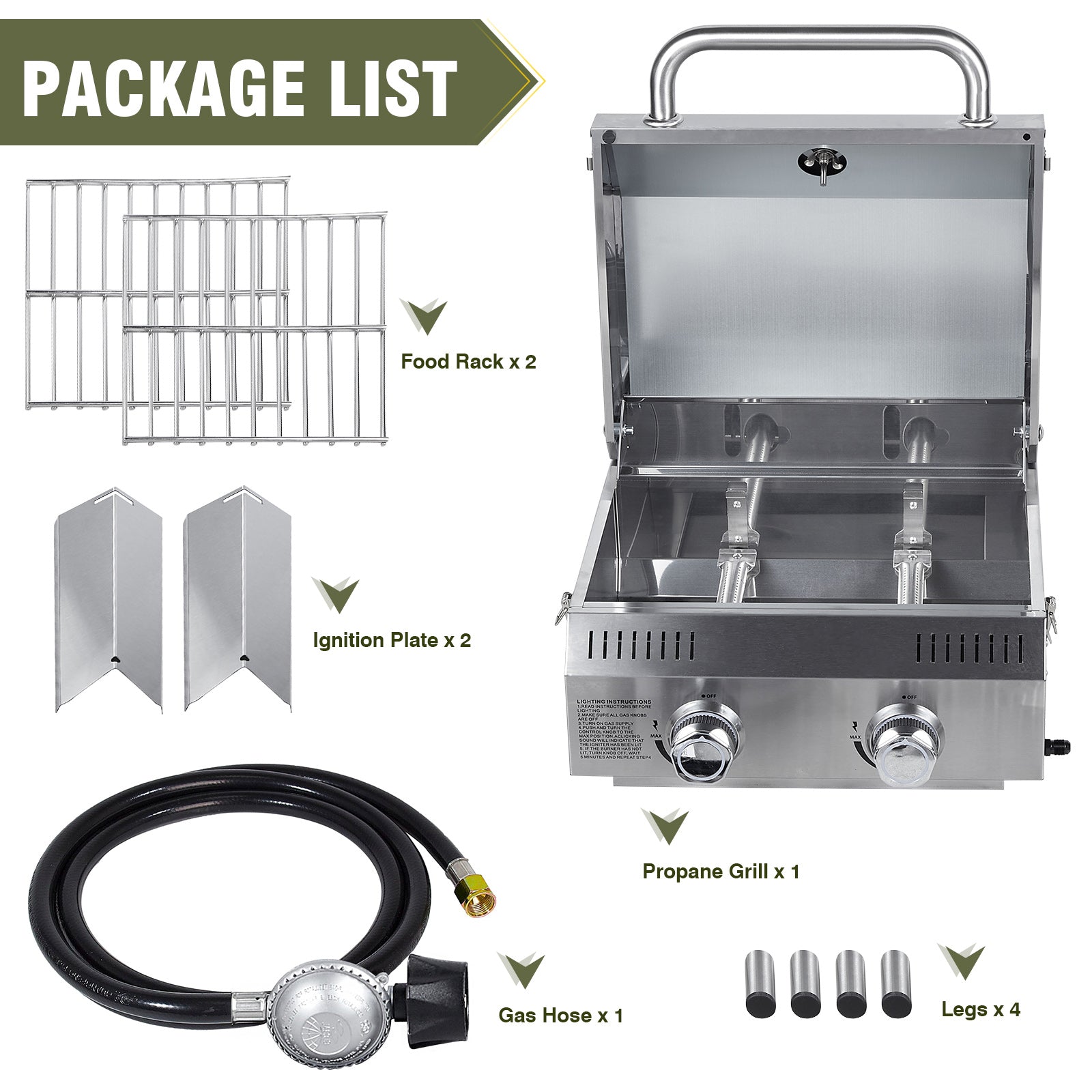 Tabletop Gas Grill 2 Burners, 20,000 BTUs Stainless Steel Portable Propane Grill with Legs for Outdoor Patio Backyard Camping, Tailgating, and RV Trips