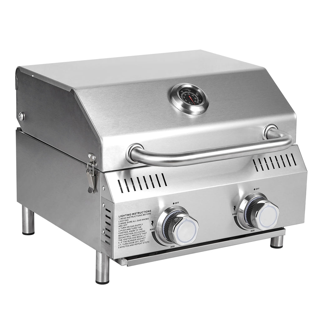 Tabletop Gas Grill 2 Burners, 20,000 BTUs Stainless Steel Portable Propane Grill with Legs for Outdoor Patio Backyard Camping, Tailgating, and RV Trips