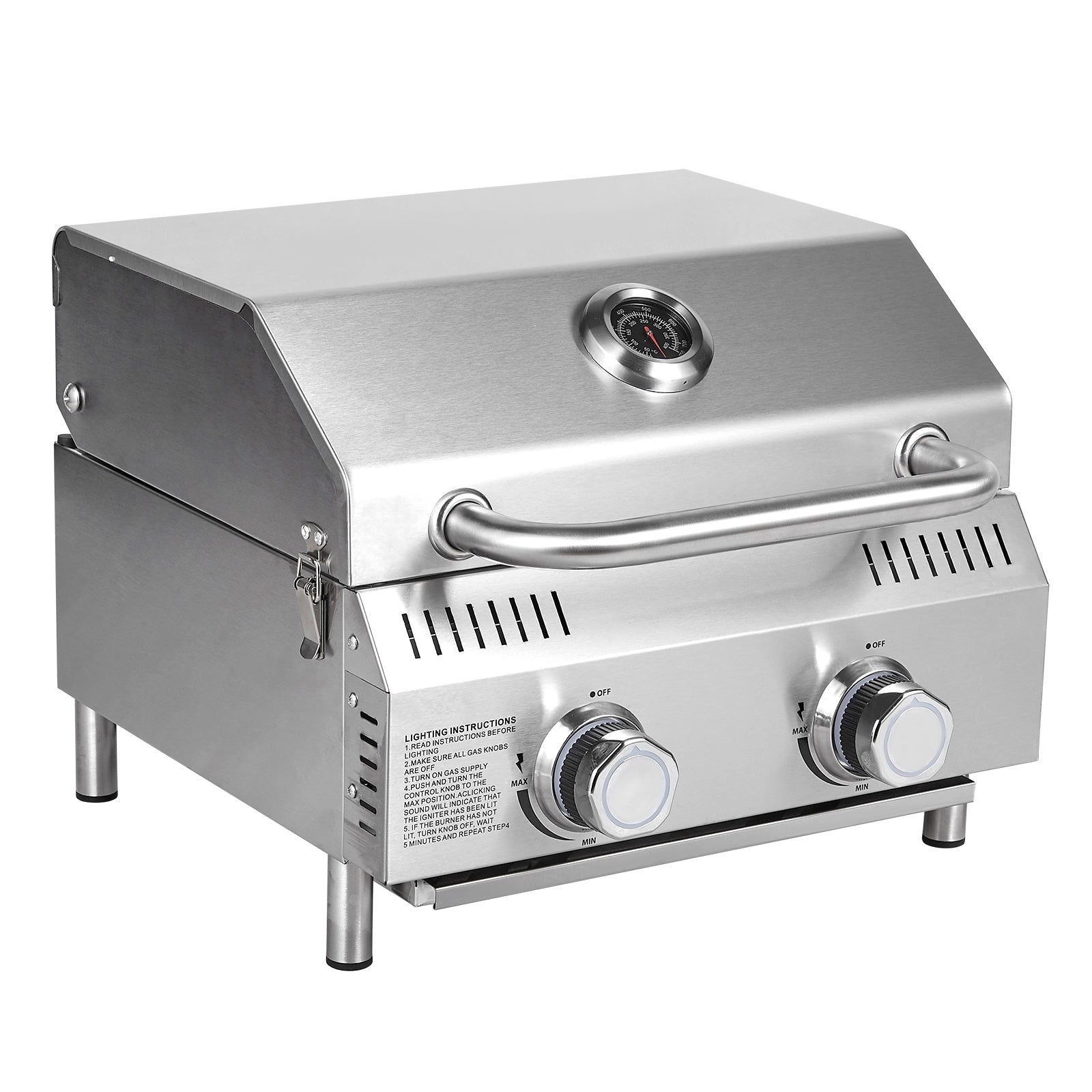 Tabletop Gas Grill 2 Burners, 20,000 BTUs Stainless Steel Portable Propane Grill with Legs for Outdoor Patio Backyard Camping, Tailgating, and RV Trips