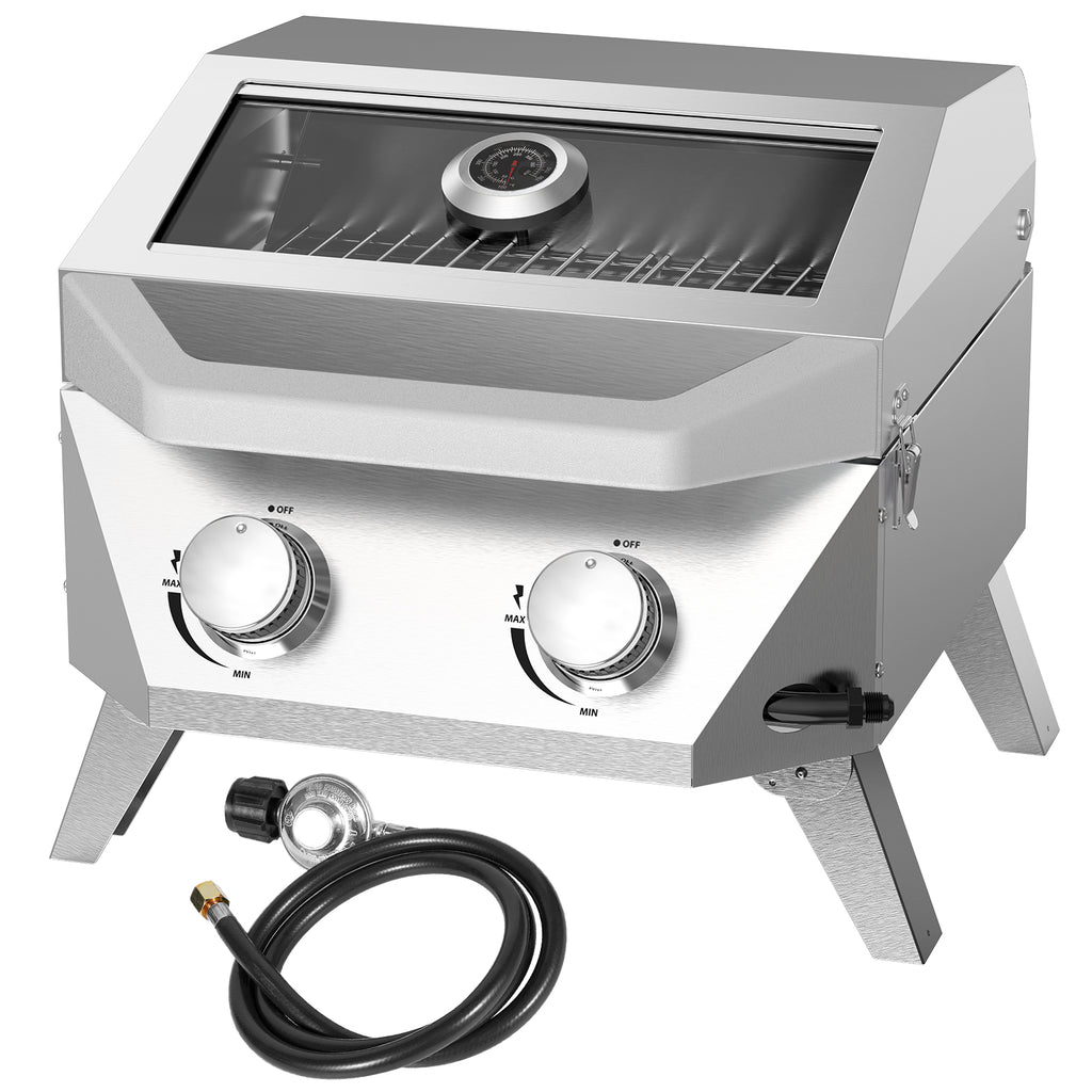 BESTFIRE Tabletop Gas Grill with 2 Burners & Viewing Glass Lid, 20,000 BTU Stainless Steel Portable BBQ Grill with Thermometer, Push-Button Ignition for Outdoor Patio, Camping, RV, Tailgating