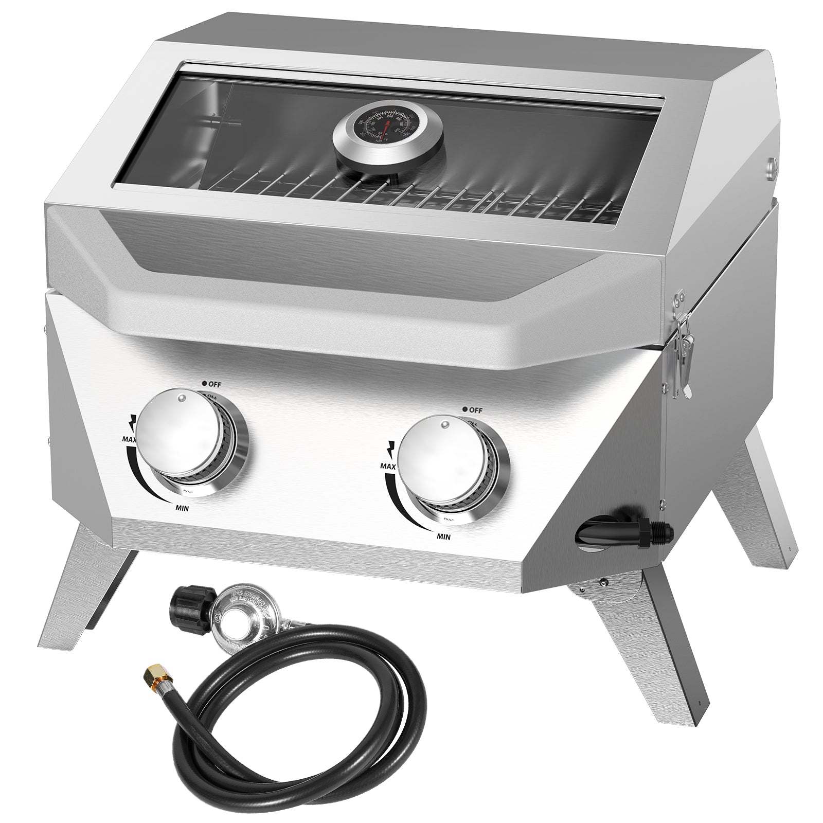 BESTFIRE Tabletop Gas Grill with 2 Burners & Viewing Glass Lid, 20,000 BTU Stainless Steel Portable BBQ Grill with Thermometer, Push-Button Ignition for Outdoor Patio, Camping, RV, Tailgating