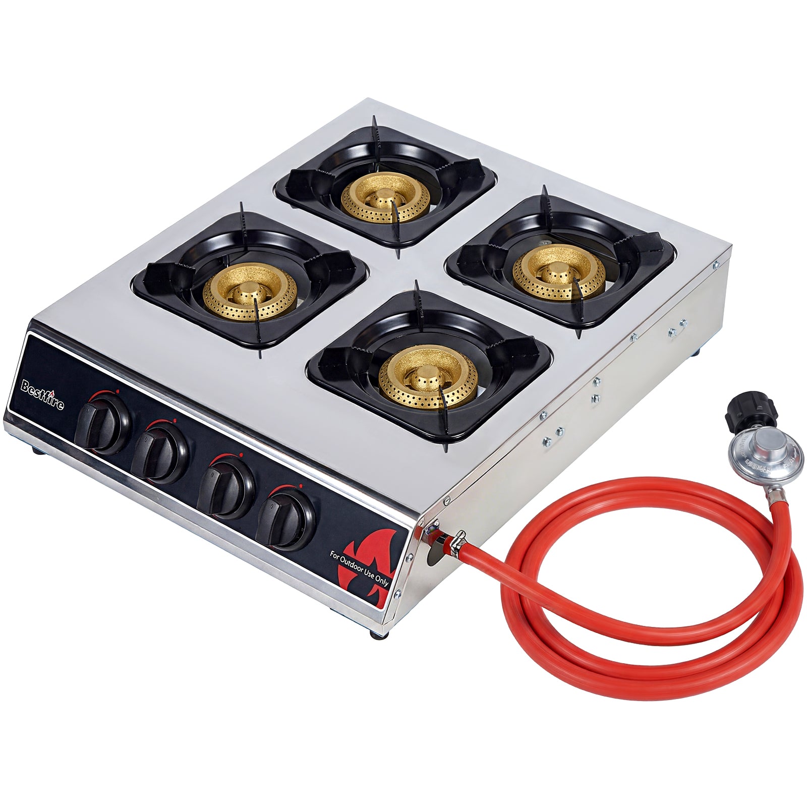 BESTFIRE 4 Burner Propane Gas Stove 40,000 BTU Stainless Steel Cooktop with Enamel Pan Support, Electronic Ignition, Regulator & Hose Included, Portable Gas Stove for Camping, Outdoor Cooking, BBQ