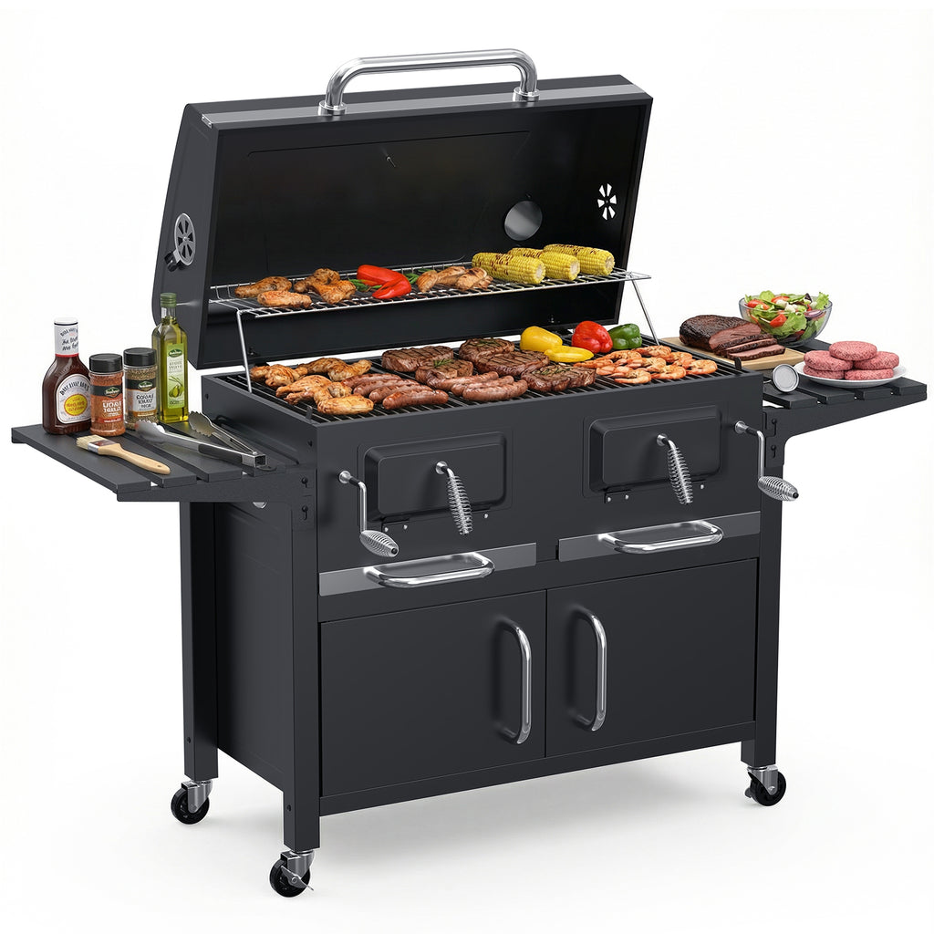 Bestfire 63" Oversized Charcoal BBQ Grill & Smoker, Large Outdoor Grill with 2 Individual Lifting Charcoal Trays, Cabinet-Style Charcoal Grills with Foldable Side Tables, 4 Wheels, Asadores de Carbon
