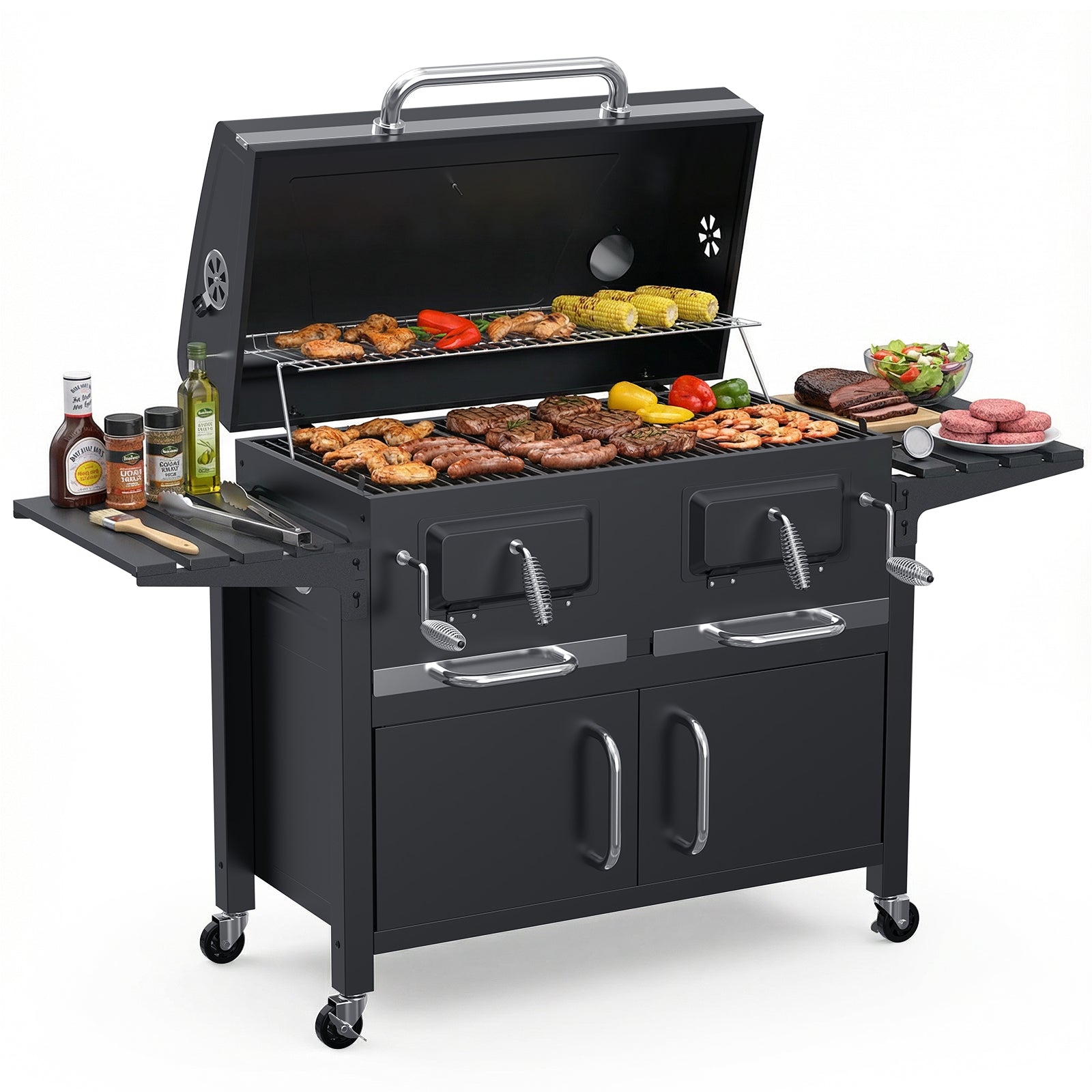 Bestfire 63" Oversized Charcoal BBQ Grill & Smoker, Large Outdoor Grill with 2 Individual Lifting Charcoal Trays, Cabinet-Style Charcoal Grills with Foldable Side Tables, 4 Wheels, Asadores de Carbon