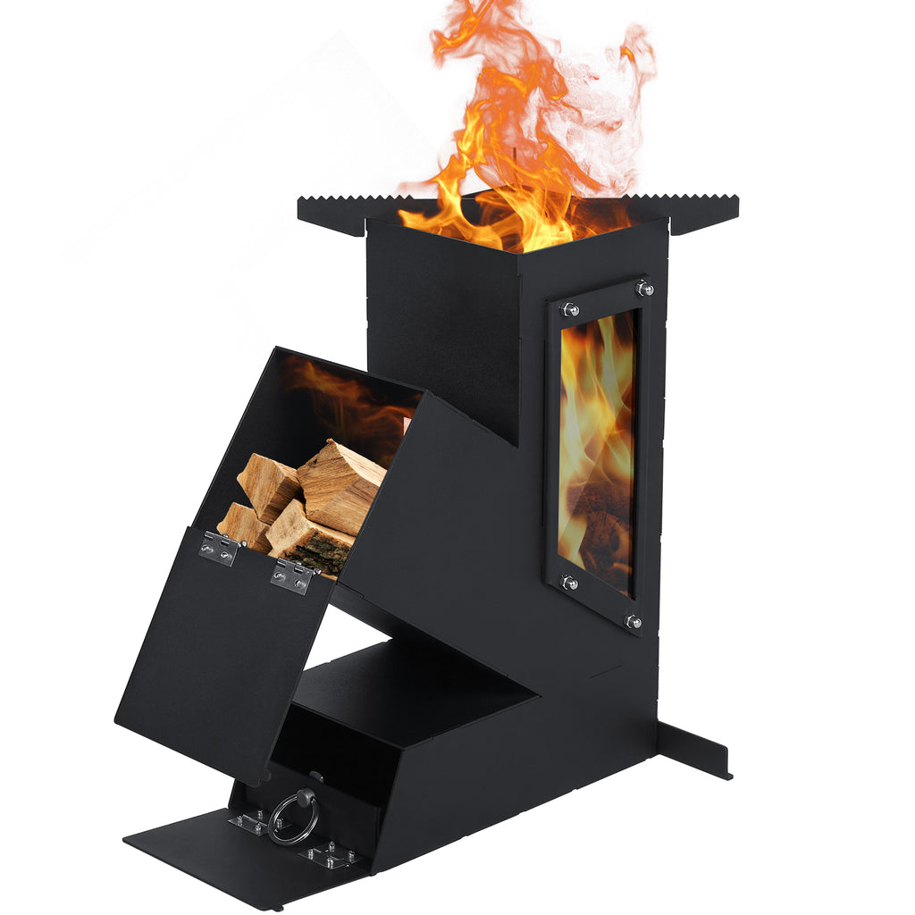 Rocket Stove with Glass Window, Portable Wood Burning Stove for Outdoor Cooking, Heavy Duty Camping Grill, Backyard Cooking Wood Fire Stove for Emergency Survival and Preparedness