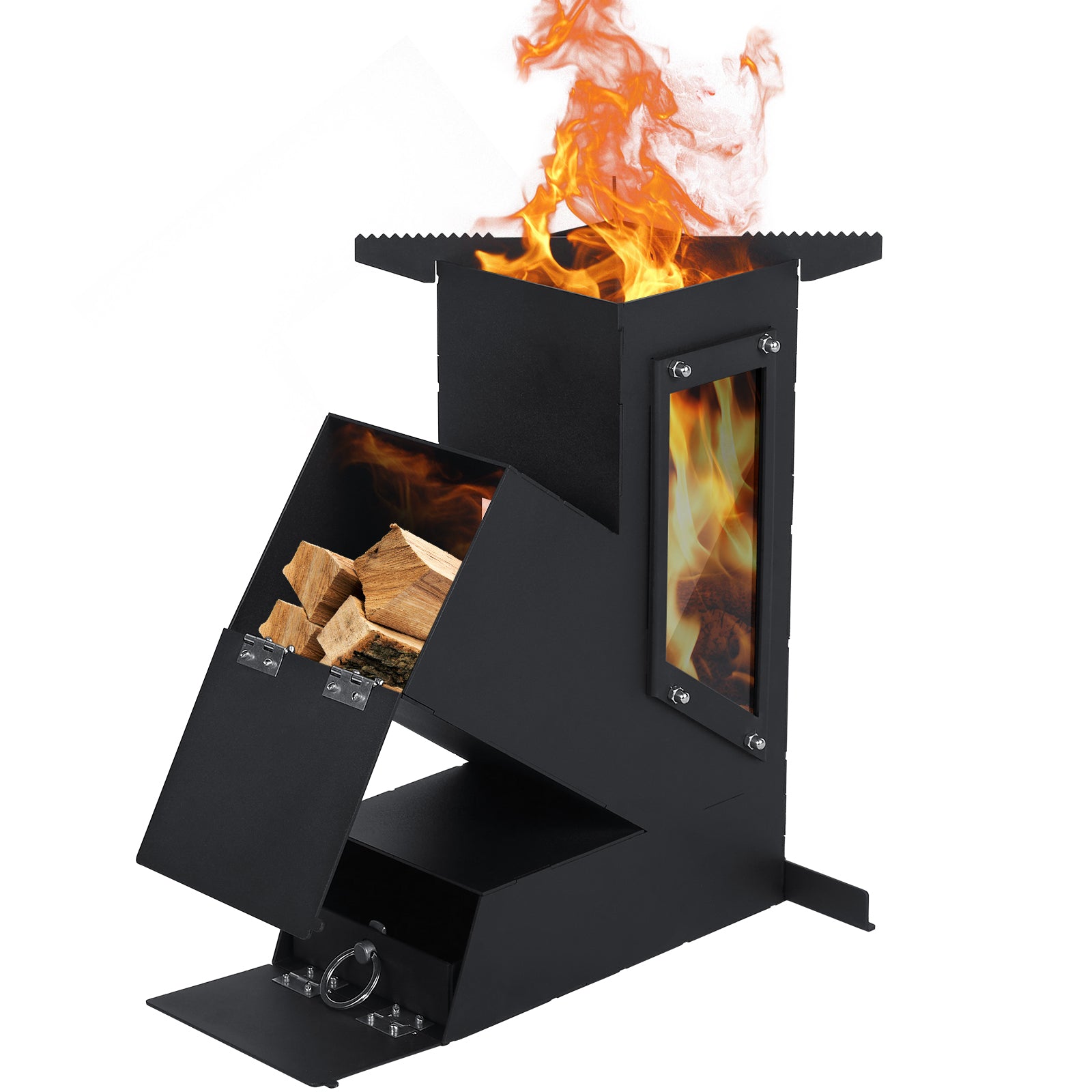 Rocket Stove with Glass Window, Portable Wood Burning Stove for Outdoor Cooking, Heavy Duty Camping Grill, Backyard Cooking Wood Fire Stove for Emergency Survival and Preparedness