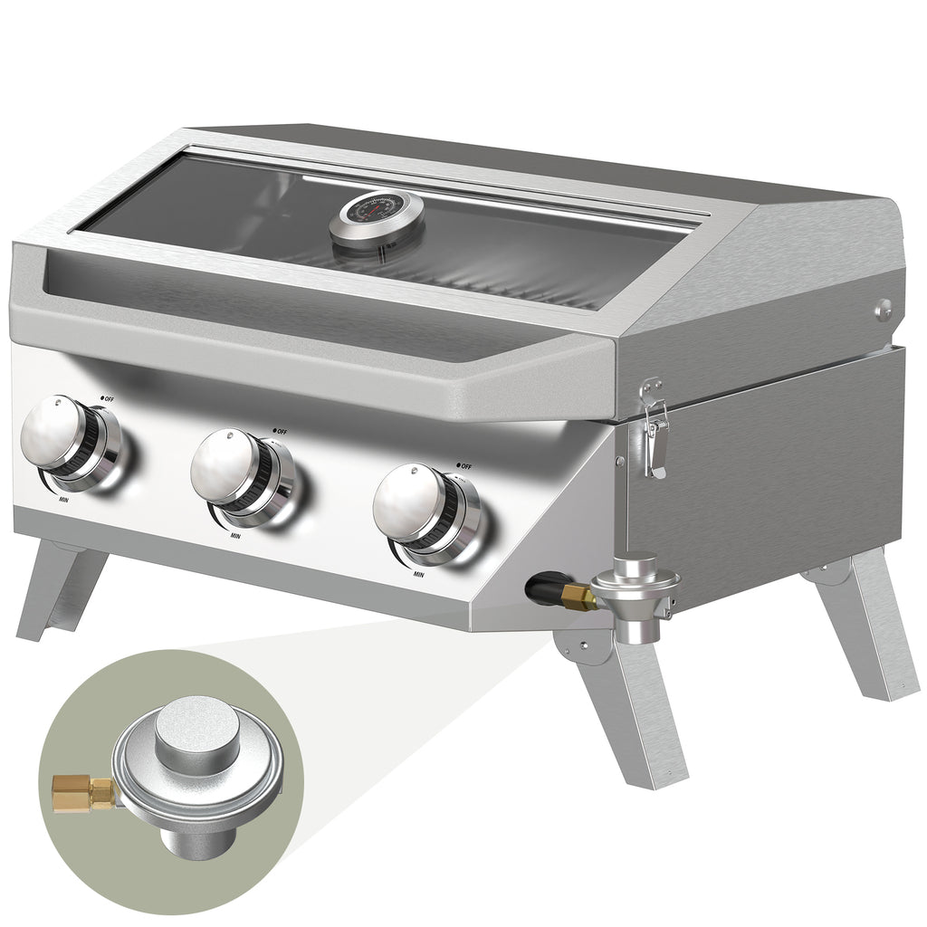 BESTFIRE Portable Propane Grill, 3-Burner Tabletop Gas Grill with 2-in-1 Connection for 1lb/20lb Tanks, 30,000 BTU Stainless Steel BBQ with Observation Window & Thermometer for Outdoor, Tailgating