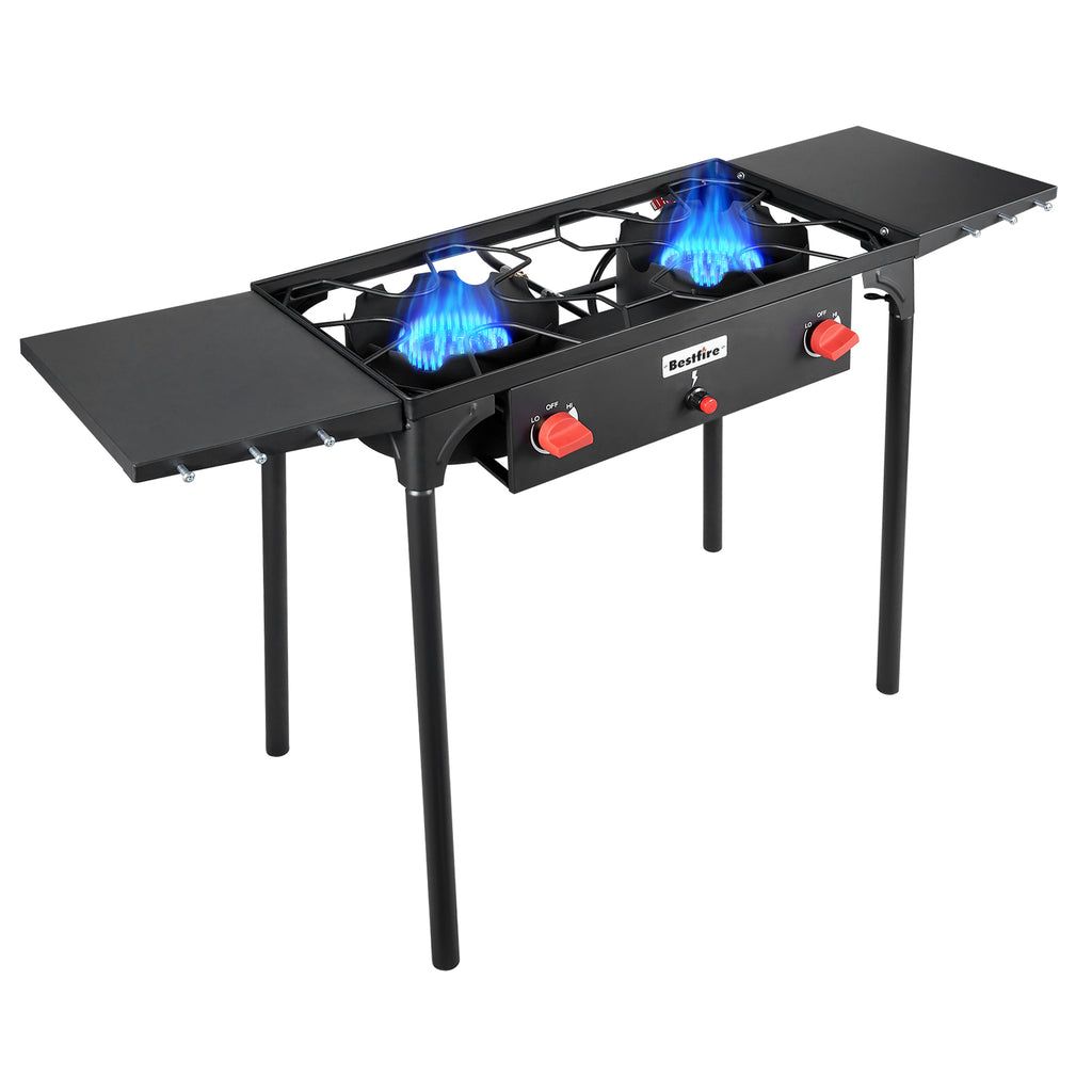 2 burner Camping Stove with Auto Ignition Button,Side Shelves & Regulator150,000 BTU Gas Stove Propane Burner With Removable Legs for Outdoor BBQ&Backyard Cooking Camping Home