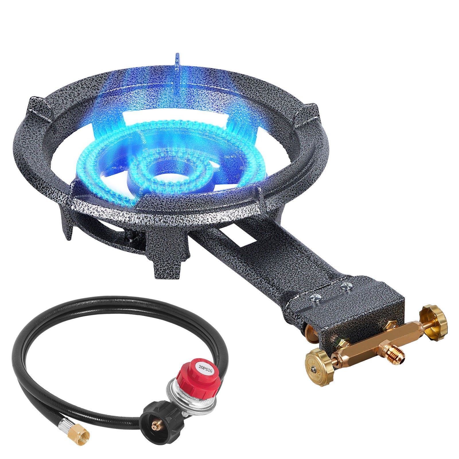13" Single Propane Burner Stove 90,000 BTU Cast Iron Portable Outdoor Burner with 0-20 PSI Adjustable Regulator and Stainless Steel Hose Perfect for Outdoor Wok Cooking